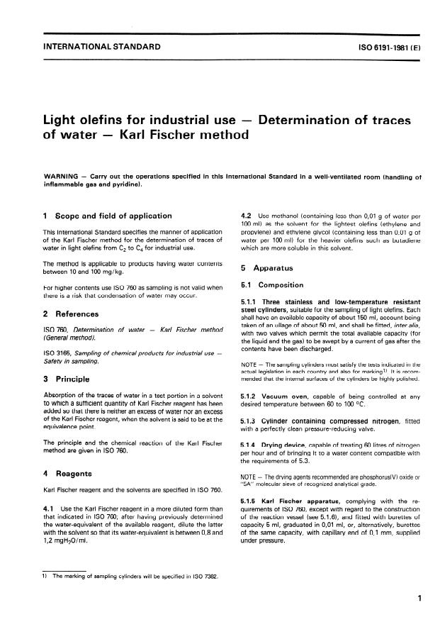 ISO 6191:1981 - Light olefins for industrial use -- Determination of traces of water -- Karl Fischer method