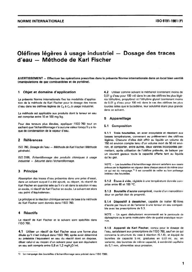ISO 6191:1981 - Oléfines légeres a usage industriel -- Dosage des traces d'eau -- Méthode de Karl Fischer