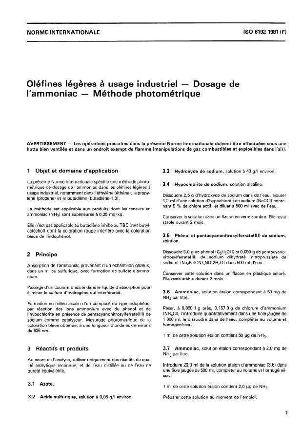 ISO 6192:1981 - Oléfines légeres a usage industriel -- Dosage de l'ammoniac -- Méthode photométrique