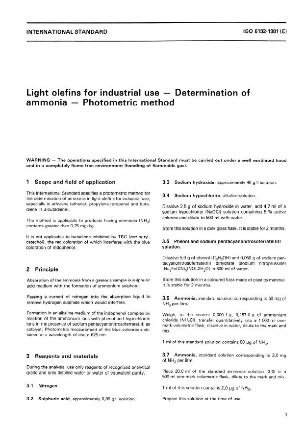 ISO 6192:1981 - Light olefins for industrial use -- Determination of ammonia -- Photometric method