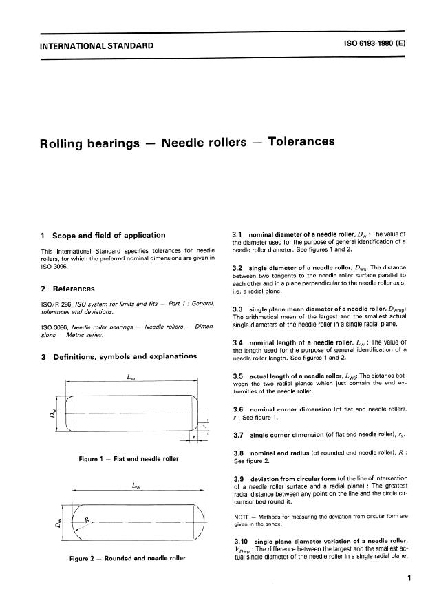 ISO 6193:1980 - Rolling bearings -- Needle rollers -- Tolerances