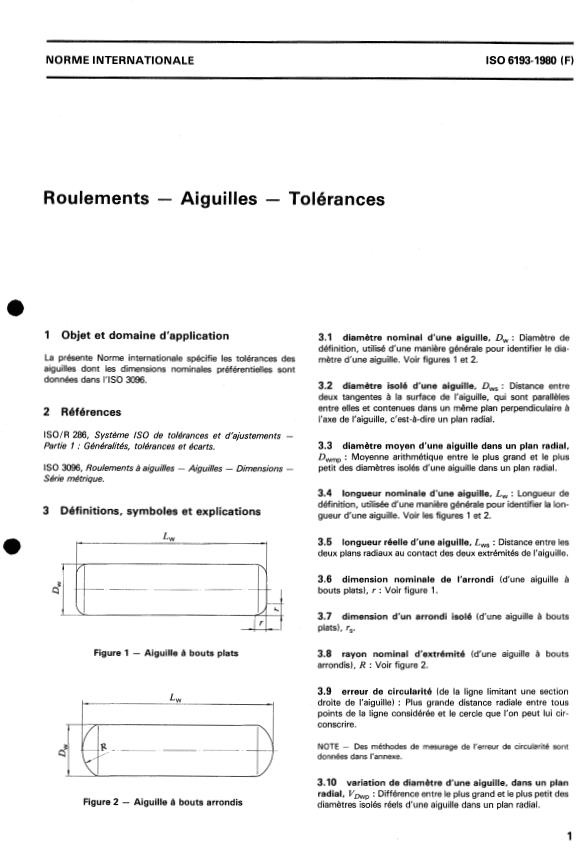 ISO 6193:1980 - Roulements -- Aiguilles -- Tolérances