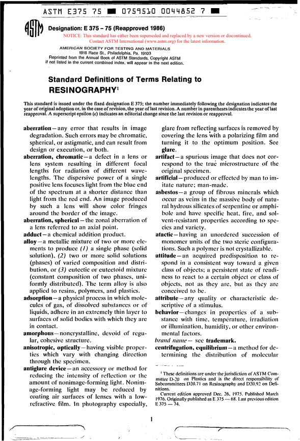 ASTM E375-75 (1986) - Definitions of Terms Relating to Resinography (Withdrawn 1992)