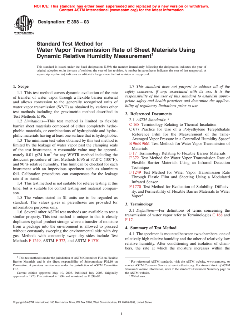 ASTM E398-03 - Standard Test Method for Water Vapor Transmission Rate of Sheet Materials Using Dynamic Relative Humidity Measurement