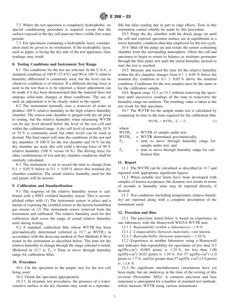 ASTM E398-03 - Standard Test Method for Water Vapor Transmission Rate of Sheet Materials Using Dynamic Relative Humidity Measurement