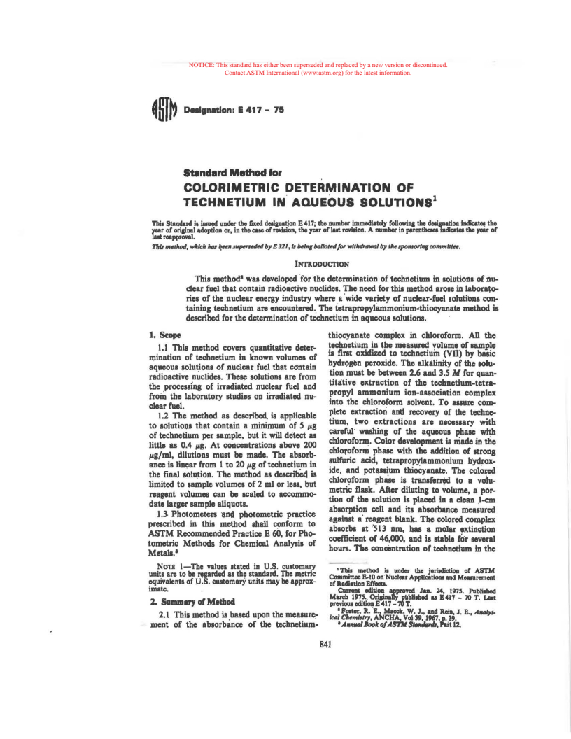 ASTM E417-75 - Method for Colorimetric Determination of Technetium in Aqueous Solutions (Withdrawn 1977)