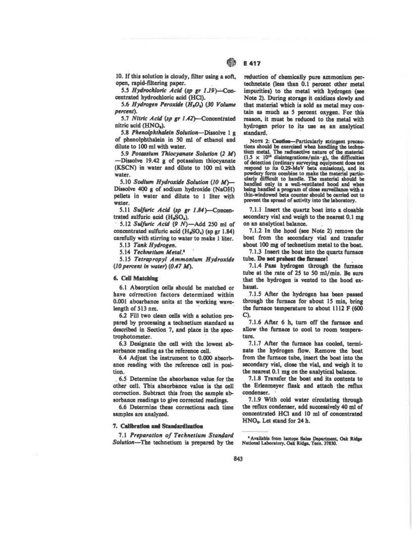 ASTM E417-75 - Method for Colorimetric Determination of Technetium in Aqueous Solutions (Withdrawn 1977)