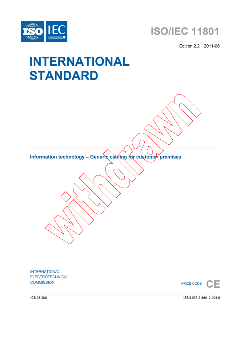 ISO/IEC 11801:2002+AMD1:2008+AMD2:2010 CSV - Information technology - Generic cabling for customer premises
Released:6/30/2011
Isbn:9782889121946