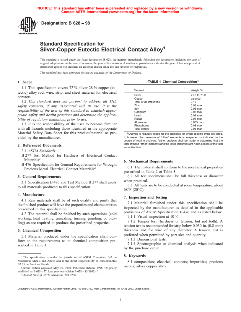 ASTM B628-98 - Standard Specification for Silver-Copper Eutectic Electrical Contact Alloy