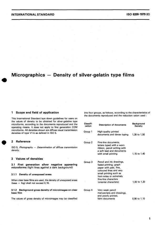 ISO 6200:1979 - Micrographics -- Density of silver-gelatin type films