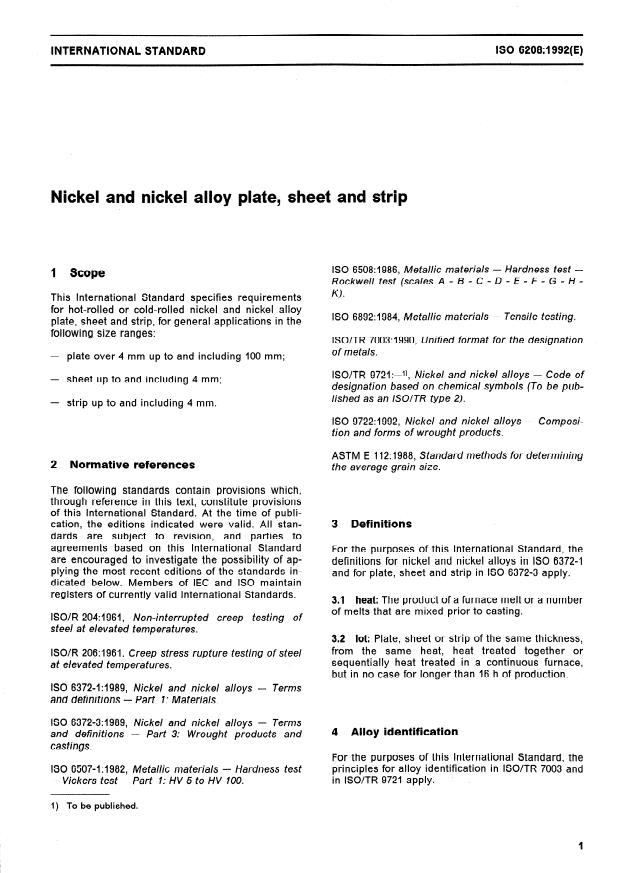 ISO 6208:1992 - Nickel and nickel alloy plate, sheet and strip