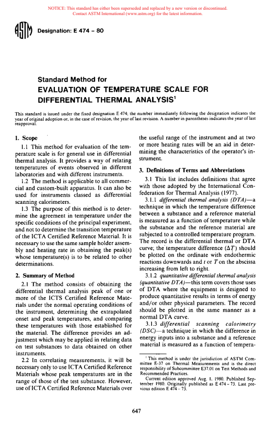 ASTM E474-80 - Method for Evaluaton of Temperature Scale for Differential Thermal Analysis (Withdrawn 1986)