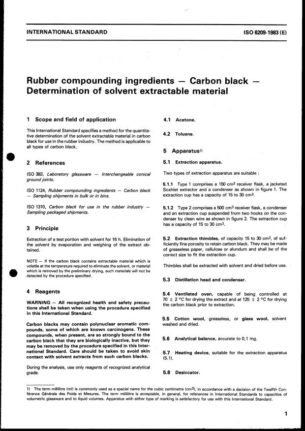 ISO 6209:1983 - Rubber compounding ingredients -- Carbon black -- Determination of solvent extractable material