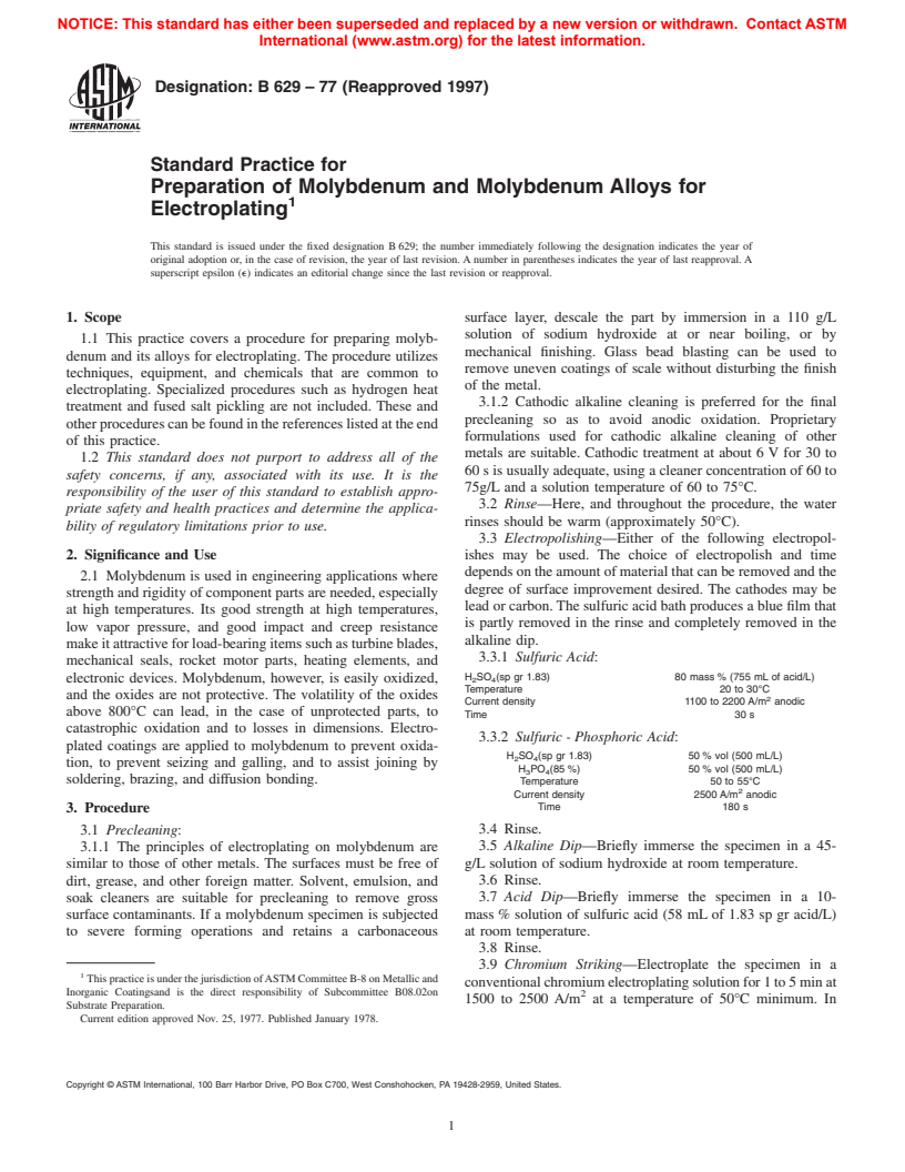 ASTM B629-77(1997) - Standard Practice for Preparation of Molybdenum and Molybdenum Alloys for Electroplating