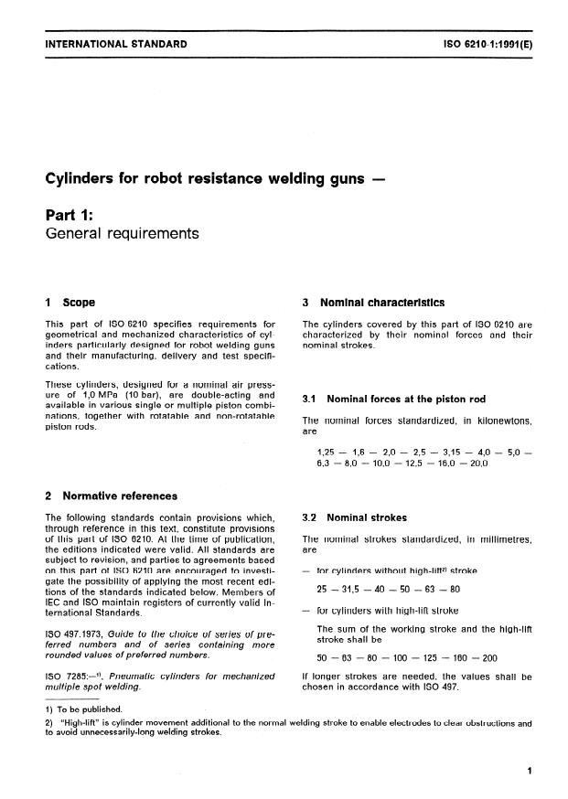 ISO 6210-1:1991 - Cylinders for robot resistance welding guns