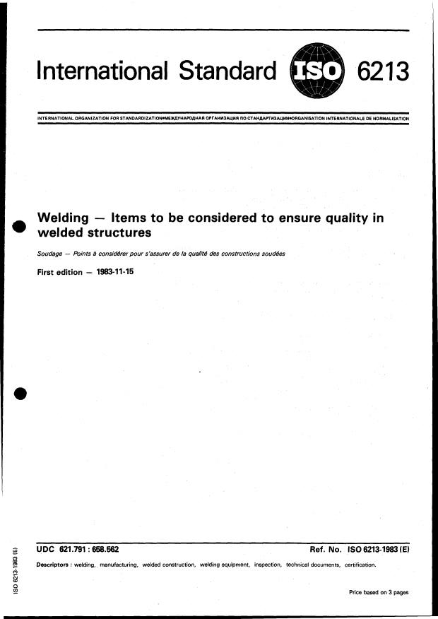 ISO 6213:1983 - Welding -- Items to be considered to ensure quality in welded structures