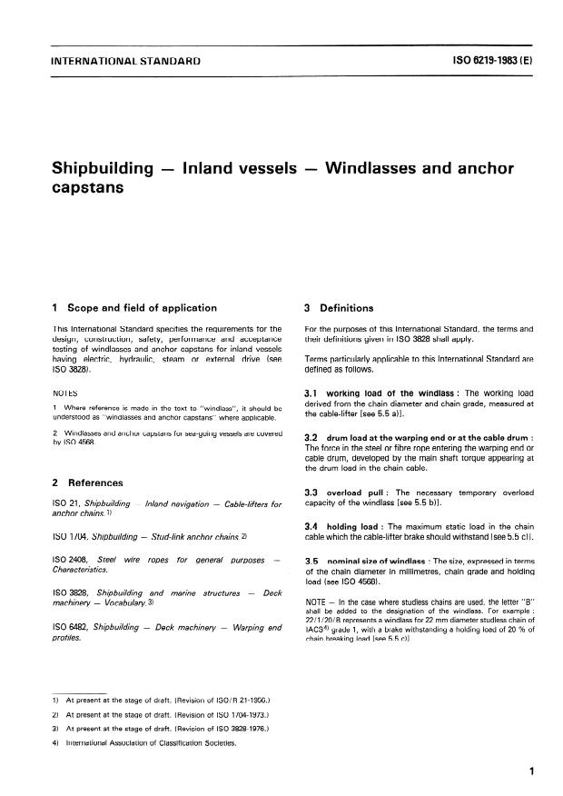 ISO 6219:1983 - Shipbuilding -- Inland vessels -- Windlasses and anchor capstans