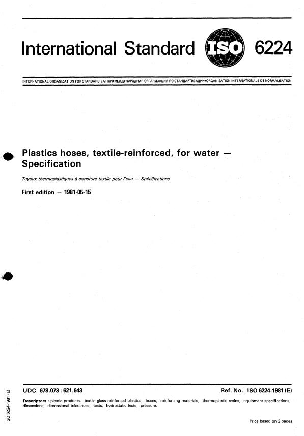 ISO 6224:1981 - Plastics hoses, textile-reinforced, for water -- Specification