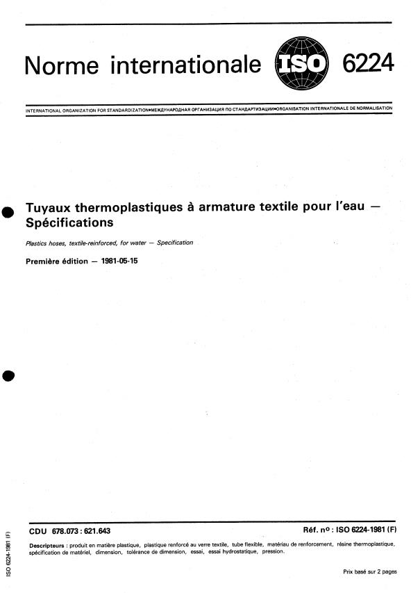 ISO 6224:1981 - Tuyaux thermoplastiques a armature textile pour l'eau -- Spécifications
