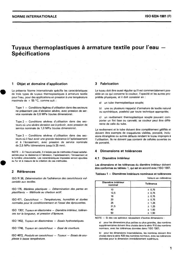 ISO 6224:1981 - Tuyaux thermoplastiques a armature textile pour l'eau -- Spécifications