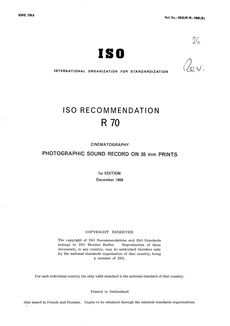 ISO/R 70:1958 - Title missing - Legacy paper document
Released:1/1/1958