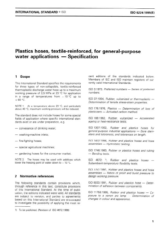 ISO 6224:1995 - Plastics hoses, textile-reinforced, for general-purpose water applications -- Specification