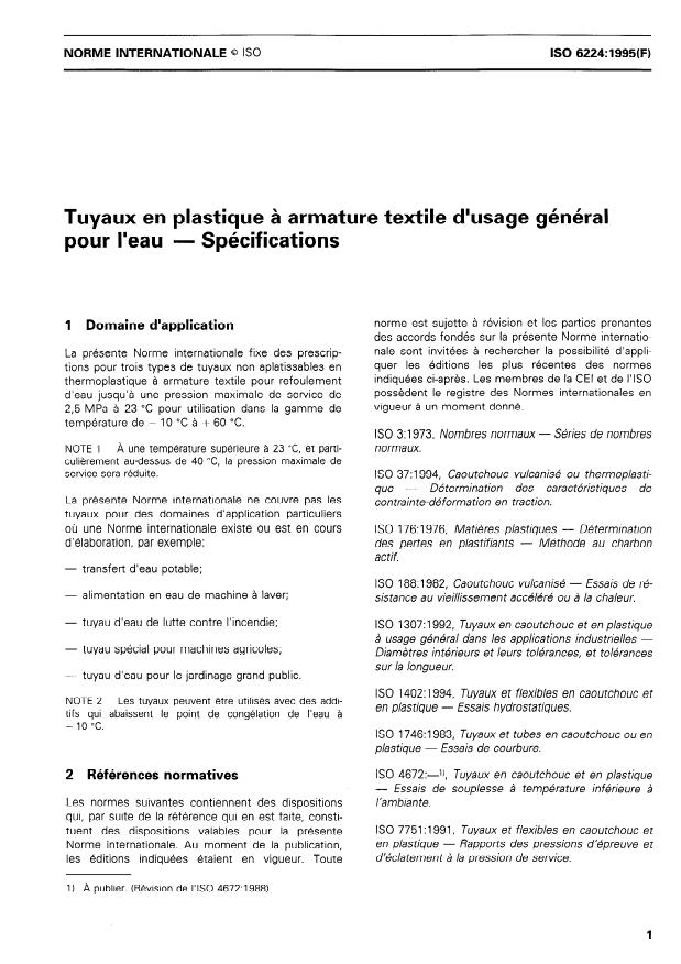 ISO 6224:1995 - Tuyaux en plastique a armature textile d'usage général pour l'eau -- Spécifications