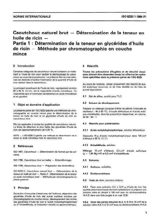 ISO 6225-1:1984 - Caoutchouc naturel brut -- Détermination de la teneur en huile de ricin