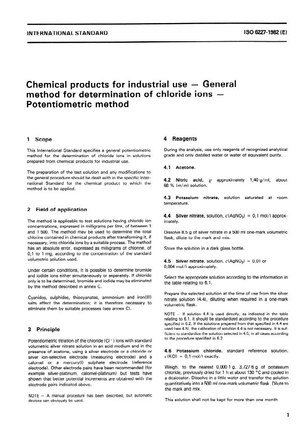 ISO 6227:1982 - Chemical products for industrial use -- General method for determination of chloride ions -- Potentiometric method