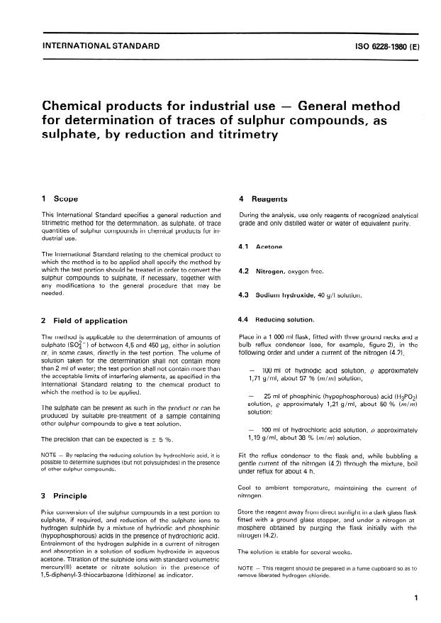 ISO 6228:1980 - Chemical products for industrial use -- General method for determination of traces of sulphur compounds, as sulphate, by reduction and titrimetry