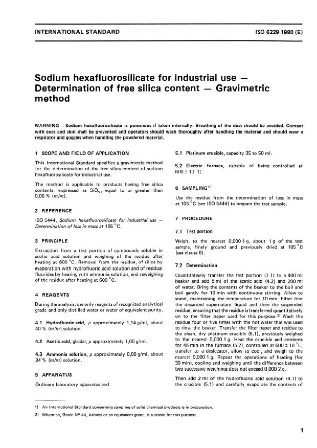 ISO 6229:1980 - Sodium hexafluorosilicate for industrial use -- Determination of free silica content -- Gravimetric method