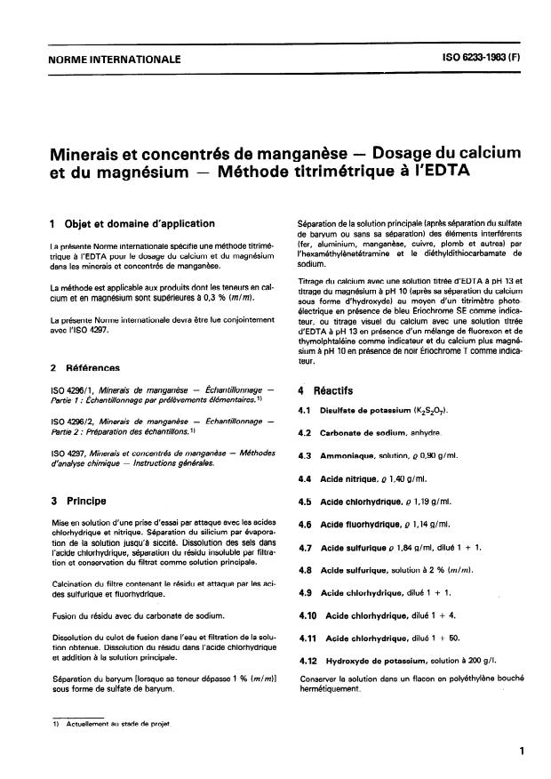 ISO 6233:1983 - Minerais et concentrés de manganese -- Dosage du calcium et du magnésium -- Méthode titrimétrique a l'EDTA