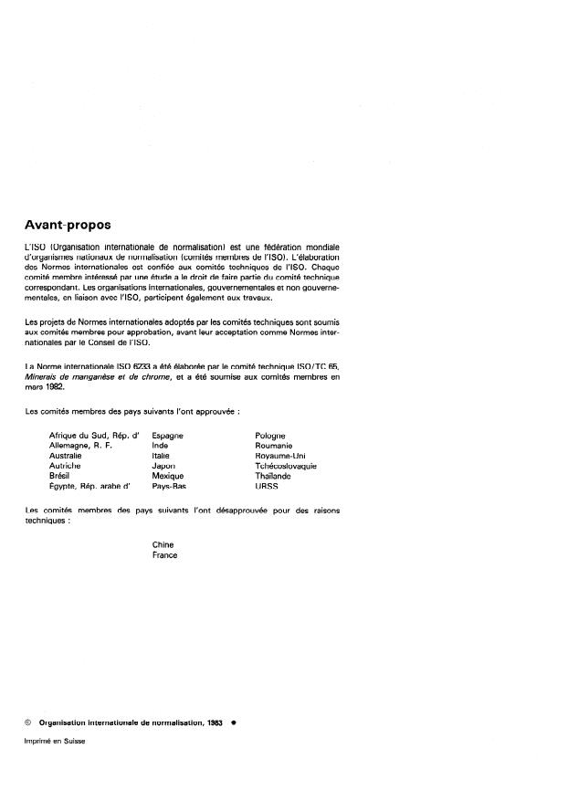 ISO 6233:1983 ISO 6233:1983 - Minerais et concentrés de manganese -- Dosage du calcium et du magnésium -- Méthode titrimétrique a l'EDTA - Page 2 preview