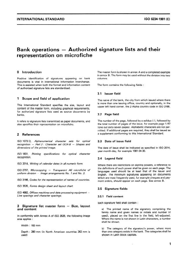 ISO 6234:1981 - Bank operations -- Authorized signature lists and their representation on microfiche