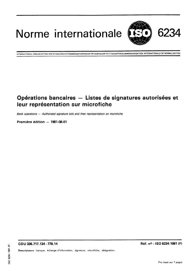 ISO 6234:1981 - Opérations bancaires -- Liste de signatures autorisées et leur représentation sur microfiche