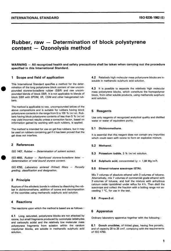 ISO 6235:1982 - Rubber, raw -- Determination of block polystyrene content -- Ozonolysis method