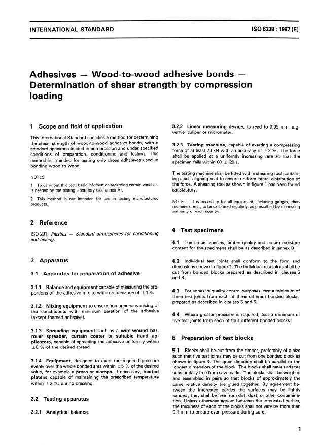 ISO 6238:1987 - Adhesives -- Wood-to-wood adhesive bonds -- Determination of shear strength by compression loading