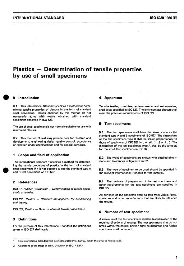 ISO 6239:1986 - Plastics -- Determination of tensile properties by use of small specimens