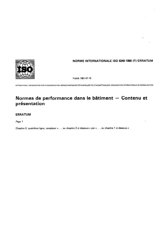 ISO 6240:1980 - Normes de performance dans le bâtiment -- Contenu et présentation