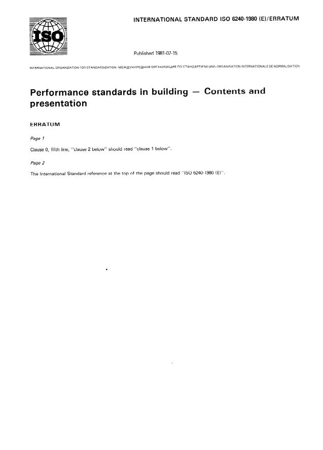 ISO 6240:1980 - Performance standards in building -- Contents and presentation