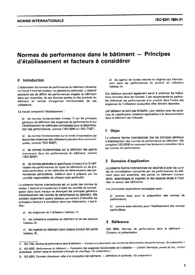 ISO 6241:1984 - Normes de performance dans le bâtiment -- Principes d'établissement et facteurs a considérer