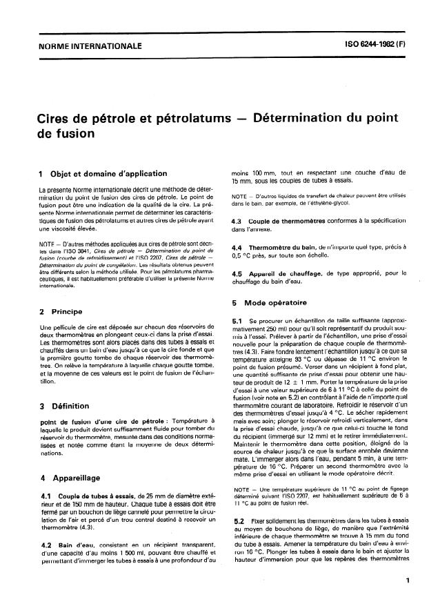 ISO 6244:1982 - Cires de pétrole et pétrolatums -- Détermination du point de fusion