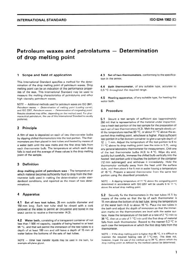 ISO 6244:1982 - Petroleum waxes and petrolatums -- Determination of drop melting point