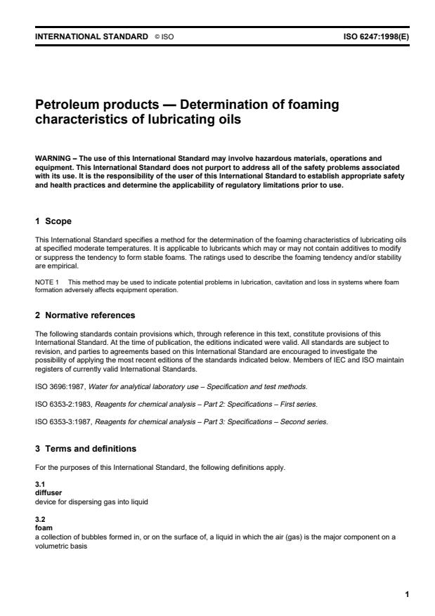 ISO 6247:1998 - Petroleum products -- Determination of foaming characteristics of lubricating oils