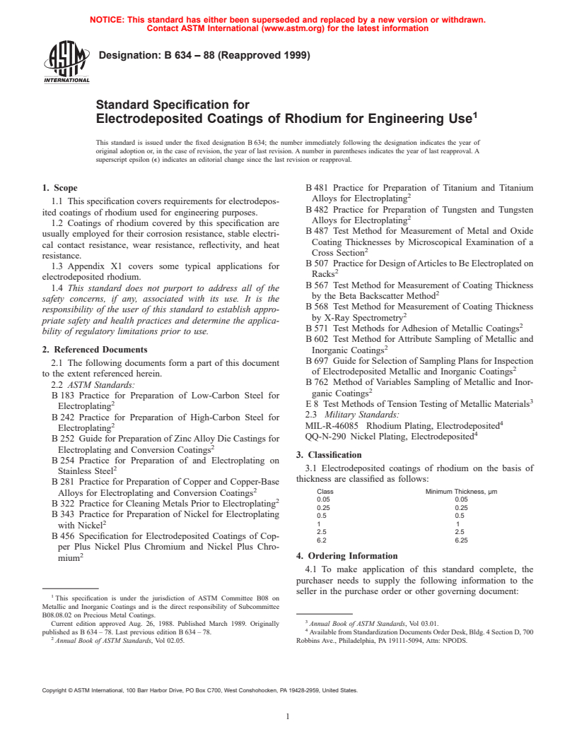 ASTM B634-88(1999) - Standard Specification for Electrodeposited Coatings of Rhodium for Engineering Use