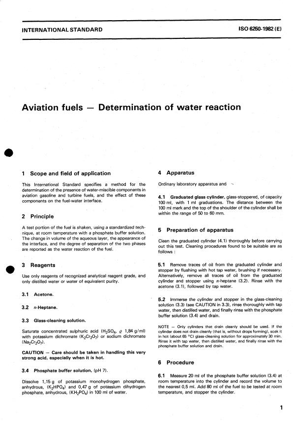 ISO 6250:1982 - Aviation fuels -- Determination of water reaction