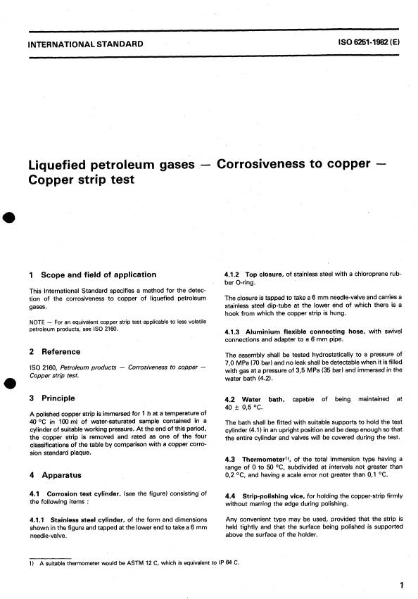 ISO 6251:1982 - Liquefied petroleum gases -- Corrosiveness to copper -- Copper strip test