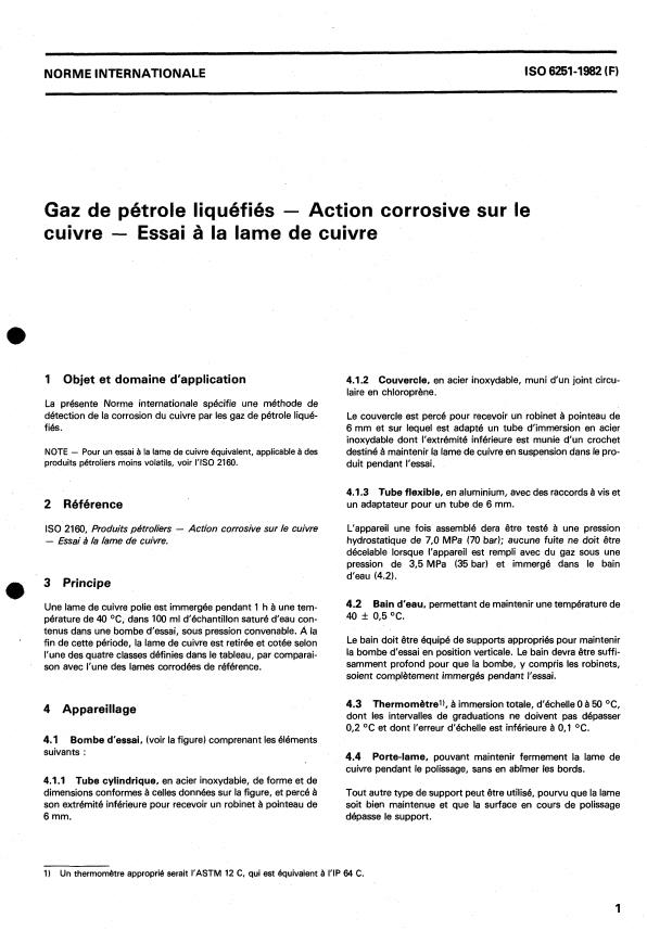 ISO 6251:1982 - Gaz de pétrole liquéfiés -- Action corrosive sur le cuivre -- Essai a la lame de cuivre