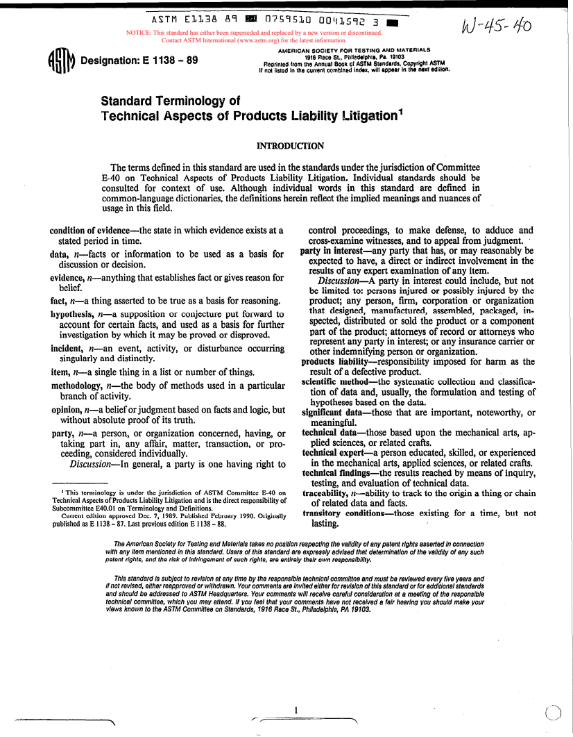 ASTM E1138-89 - Terminology of Technical Aspects of Products Liability Litigation (Withdrawn 1995)