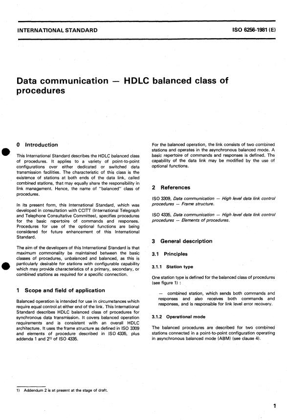 ISO 6256:1981 - Data communication -- HDLC balanced class of procedures